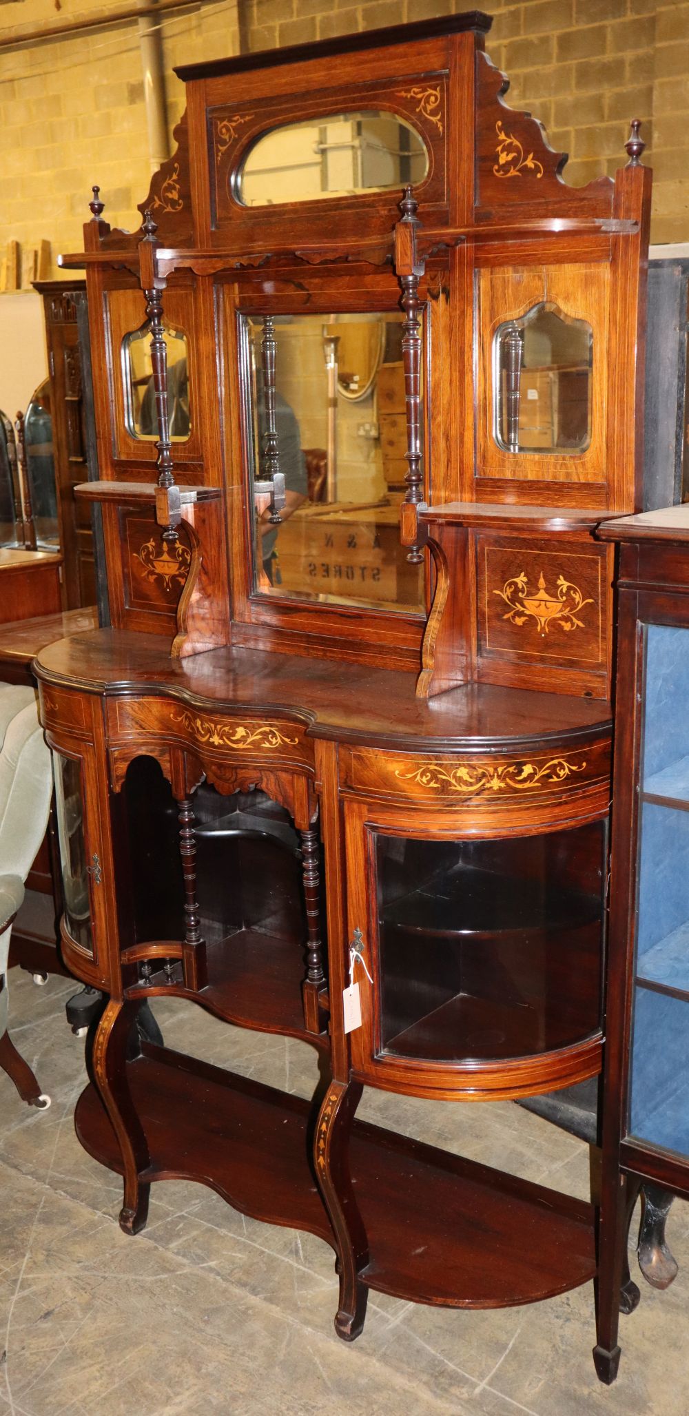 A late Victorian marquetry inlaid rosewood mirrored back side cabinet, W.114cm, D.36cm, H.198cm